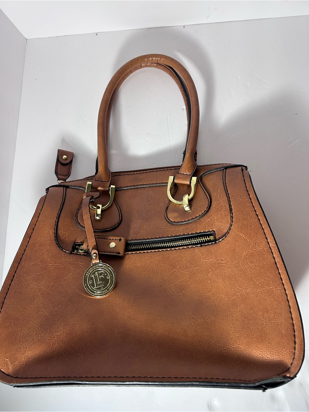 London Fog Cognac Shoulder Tote with Gold Accents
